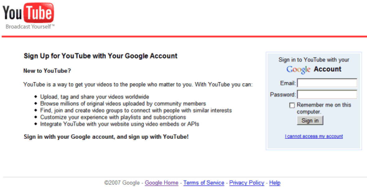 YouTube login page (2007)